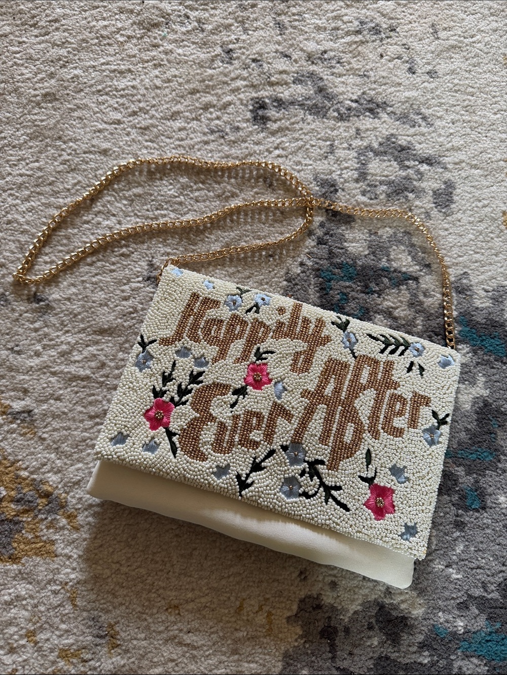 Ivory Beaded Floral Crossbody Bag with Gold Chain